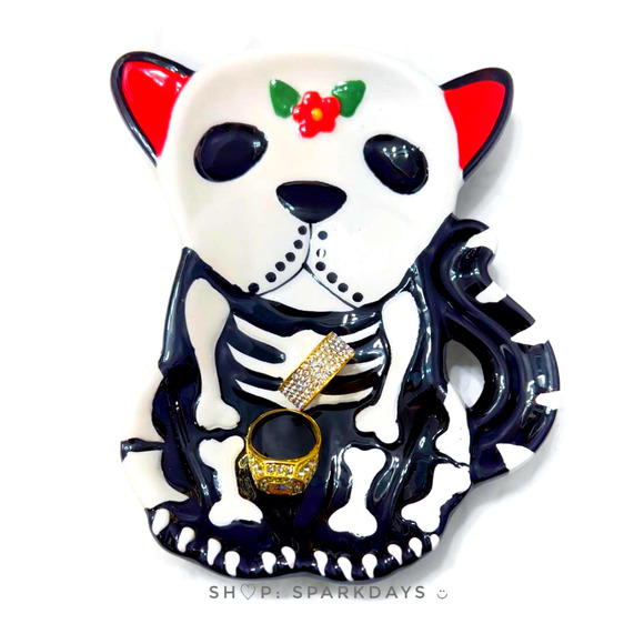 Bulldog Skeleton Puppy Dog Sugar Skull Smoke Ashtray Jewelry Dish Ceramic Plate - Picture 1 of 8